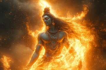Fiery Shiva, meditation, flames, dark background, spiritual art