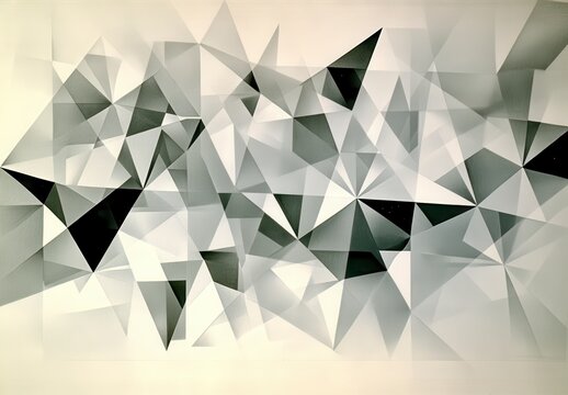 Abstract grayscale artwork featuring an array of overlapping triangles in varying shades of black and white, creating a dynamic and textured