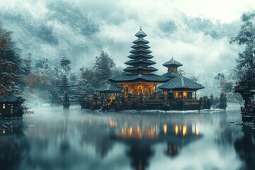 Naklejka premium Misty morning, serene temple lake, Bali. Peaceful travel postcard