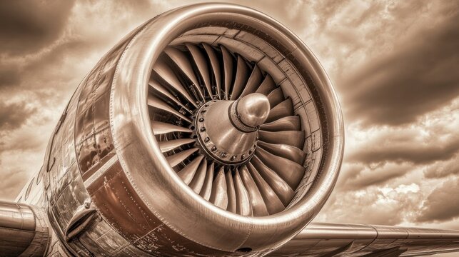 Close-up of turbofan engine against dramatic sky. - Powered by Adobe