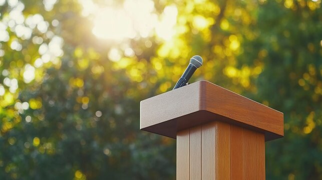 Outdoor wooden podium, microphone, sunny park, speech