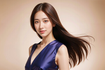 A woman with long hair is wearing a blue dress