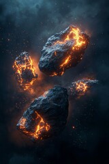 Naklejka premium A few floating rocks in space with glowing orange cracks, a black color gradient, cinematic lighting, and a smoke background.
