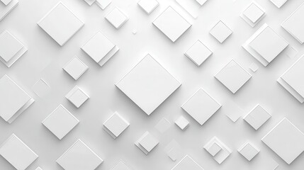 Abstract background with white squares of varying sizes and depths, creating a three dimensional effect. Clean, minimalist design