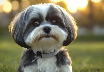 Close up portrait of a fluffy, black and white dog with dirt on its face, sitting outdoors in soft, golden sunlight. The dog looks directly at the