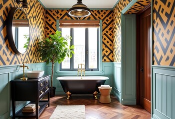 Photorealistic Bathroom: Geometric Patterns, Clawfoot Tub, Brass Fixtures, Mid-Century Modern Design, Hyperdetailed Interior, Bold Style, Luxurious Elements, High-Resolution, Elegant.
