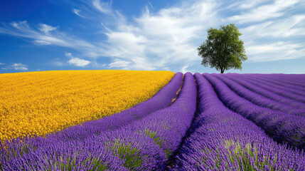 Scenic view of lavender and sunflower fields with a lone tree under bright sky agricultural landscape colorful nature travel destination