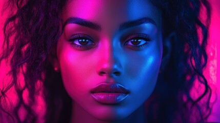 Obraz premium Neon-lit woman portrait, studio, pink backdrop, beauty