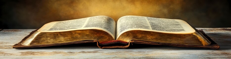Aged leather bound book open on weathered wood, illuminated by warm light, showcasing detailed, antique text and rich, golden hues