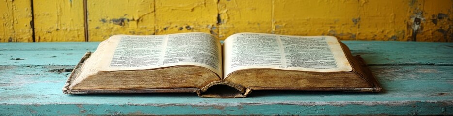 Obraz premium Antique book with aged, yellowed pages lies open on a rustic teal blue wooden surface against a yellow wood background. The book's cover shows signs