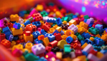 Colorful assortment of interlocking building blocks in a vibrant container