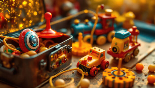Vintage retro toys in a magical setting with soft warm lighting