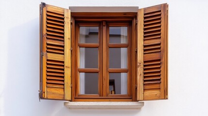 Obraz premium Open wooden shutters, Mediterranean window, white wall, sunlight. Home design
