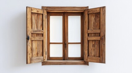 Obraz premium Open wooden shutters on a white wall