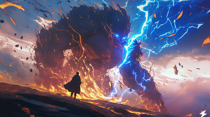 the sorcerer fighting with thunder and fire in the mountains, anime style