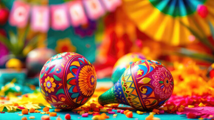 Colorful mexican maracas with festive decorations and vibrant paper flowers. Cinco de Mayo, Battle of Puebla Day, Mexican Heritage Festival - Latin American Cultural Celebration