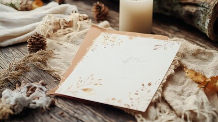 Autumnal Watercolor Invitation Mockup on Rustic Wooden Table