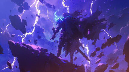 hero anime character with armor summons energy of lightning. anime style