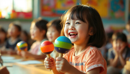 Fototapeta premium Smiling asian child enjoying music class with colorful maracas in vibrant classroom. Cinco de Mayo, Battle of Puebla Day, Mexican Heritage Festival - Latin American Cultural Celebration