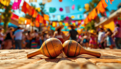 Colorful fiesta: vibrant maracas on tablefront with festive background. Cinco de Mayo, Battle of Puebla Day, Mexican Heritage Festival - Latin American Cultural Celebration