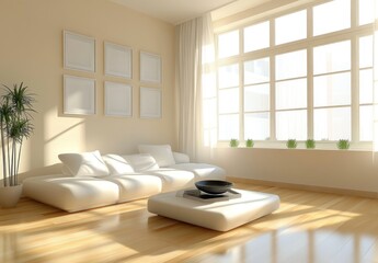 Fototapeta premium Sunny modern living room with white sofa, large window, and plants.