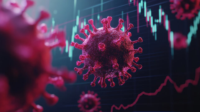 3D rendering of virus cells with financial graphs showing decline and uncertainty - Powered by Adobe