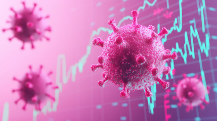 3D rendering of virus cells over financial charts, symbolizing economic impact