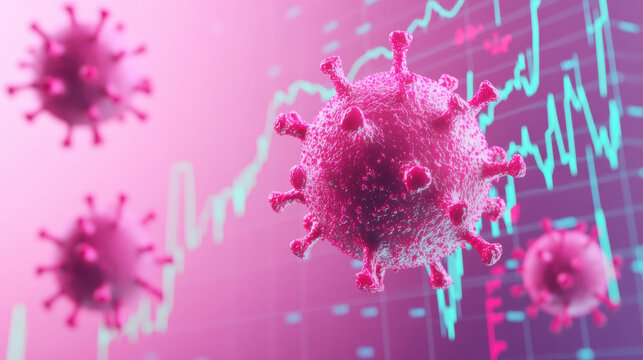 3D rendering of virus cells over financial charts, symbolizing economic impact