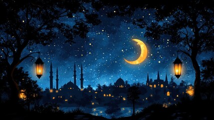 Fototapeta premium Night cityscape, crescent moon, lanterns, stars, fantasy, greeting card