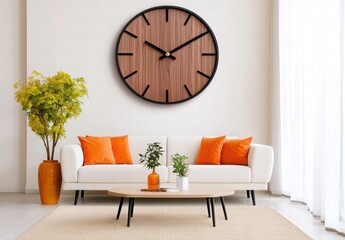 Naklejka premium Modern Living Room with Stylish Clock, Sofa, and Indoor Plants