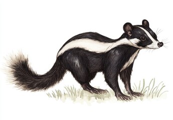 Naklejka premium Detailed illustration of a black and white striped skunk standing in short green grass. The skunk has a bushy tail and alert expression. The style is