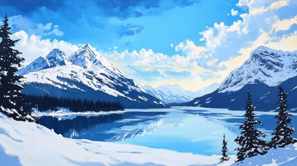 Obraz premium Snowy mountain lake winter landscape, tranquil scene, perfect for travel brochures