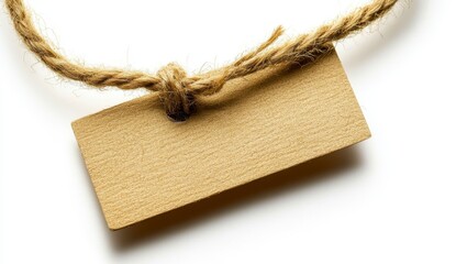 Close up of a blank, light brown rectangular tag hanging from a piece of twine against a white background. The tag has a slightly textured surface