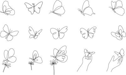 Butterfly outline set, one line, insect with hand outline and flower line art.vector illustration
