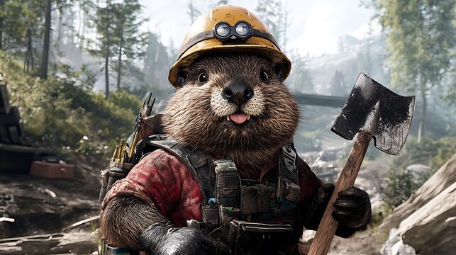 Cartoon beaver character in construction gear holding axe with vibrant forest background and cheerful expression - Powered by Adobe