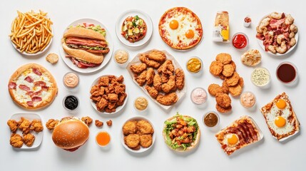 Diverse fast food dishes, overhead shot, white background, for menu or advertisement