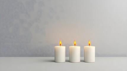 Peaceful White Candles with Flames on Minimalist Gray Background