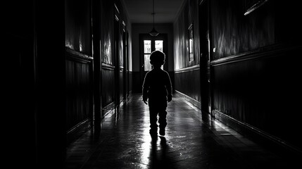 Silhouette of a Child Walking Down a Dimly Lit Hallway