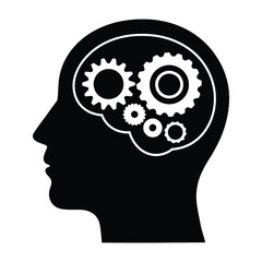 Think Concept Design. Human head with gears inside, symbolizing technology, engineering, and innovation. Cogwheel mechanics integrated into the brain for problem solving and creativity.