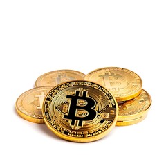 Golden Bitcoin Coins Stacked on White Background for Financial Themes