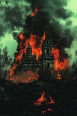 Fiery destruction of an ornate building engulfed in flames and thick smoke, set against a dark, ominous sky. The scene is dramatic and intense, with
