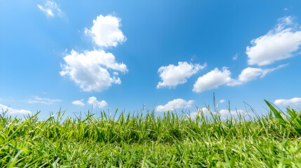 Fototapeta premium Lush green grass grows under a bright blue sky with fluffy white clouds on a sunny summer day.