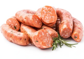 Close up view of a pile of cooked sausages, some sliced open, revealing a light pink interior with visible herbs. A sprig of rosemary rests beside