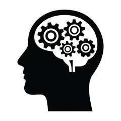 Think Concept Design. Human head with gears inside, symbolizing technology, engineering, and innovation. Cogwheel mechanics integrated into the brain for problem solving and creativity.
