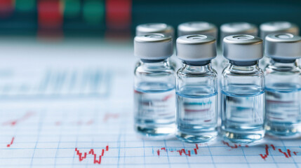 Stack of unused vaccine vials on distressed stock market graph