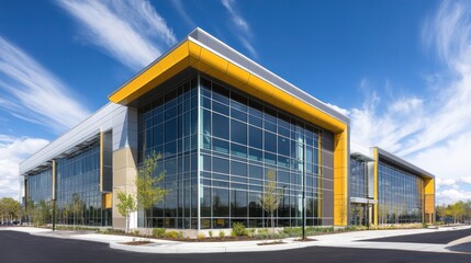 Obraz premium Modern office building sunny day, landscaping, urban background, real estate