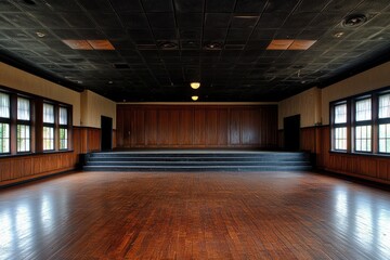 An empty stage in the middle of a large dance studio with a black ceiling and brown walls, and a dark floor. 