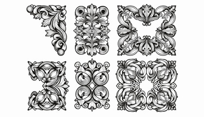 Vintage ornate black and white decorative elements collection.