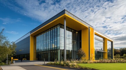 Obraz premium Modern yellow office building, sunny day, landscaped grounds