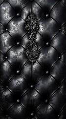 Naklejka premium Dark Elegance: Close-up of luxurious black leather upholstery with ornate button tufting and a central metallic embellishment, evoking a sense of classic sophistication and refined opulence. 